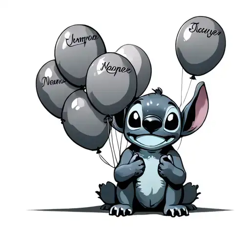 Stich Sitting Holding 6 Balloons With Names As The Balloon Strings