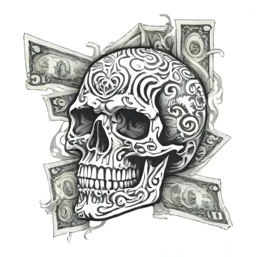 Skull Made Of 100 Dollar Bills On Fire Inside