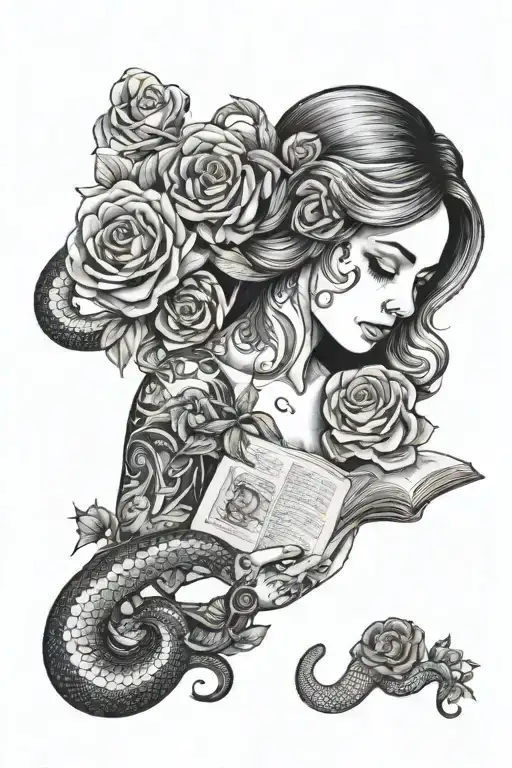 Girl Reading A Book With Roses And Snakes Around Her
