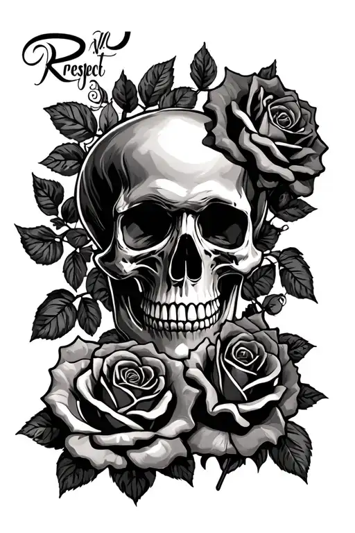 Skulls And Roses With Respect Written In Old English