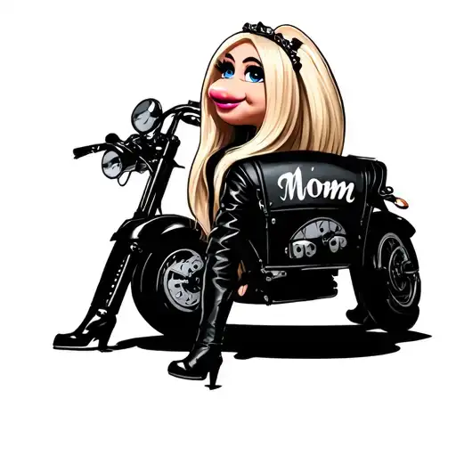 Miss Piggy Pinup Doll With Long Blonde Hair Looking Back With A Biker Jacket That Says Mom