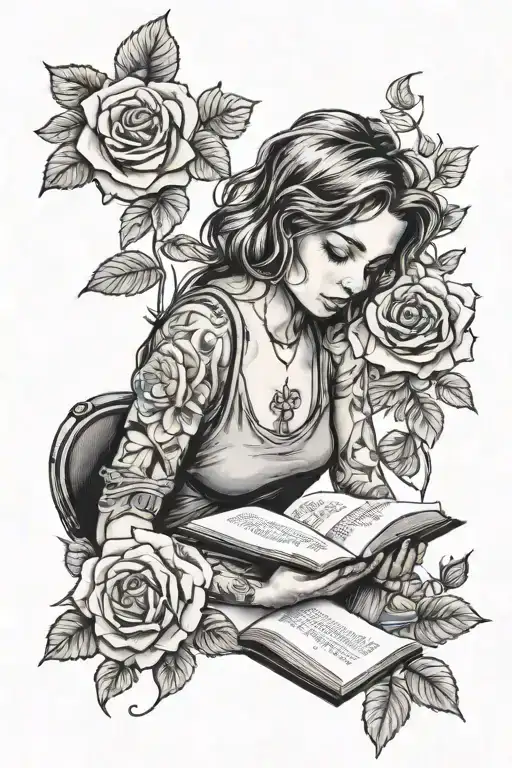 Girl Reading A Book With Roses Around Her