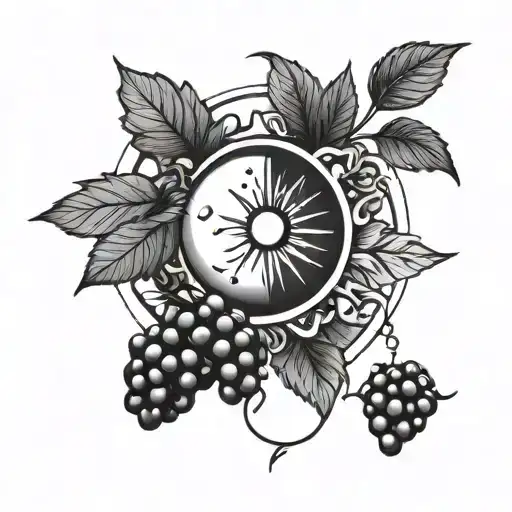 Very Simple Line Art Sun And Moon Design With Berries And Grapes