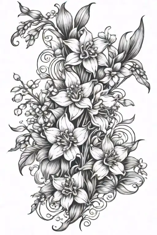 Daffodils Water Lily Violets Chrysantheums Lily Of The Valley Intertwined Thin