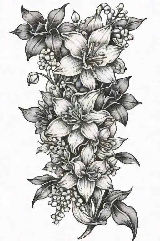 Daffodils Water Lily Violets Chrysantheums Lily Of The Valley Intertwined Thin Line