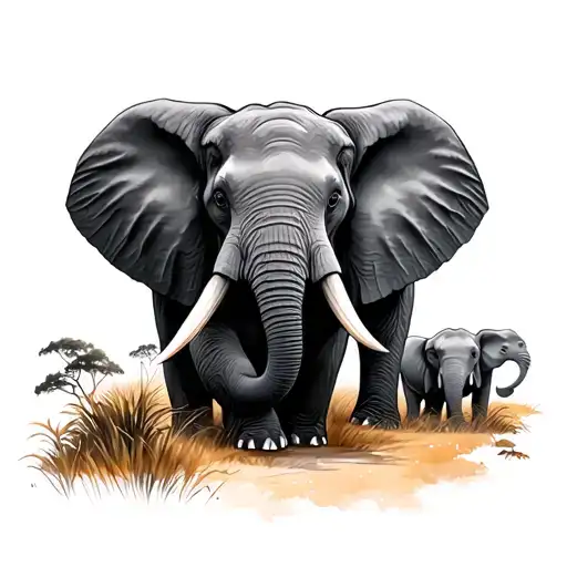 Three Elephants With A Savana Landscape