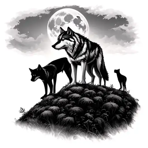 Wolf With His Family On The Hill Looking At The Full Moon