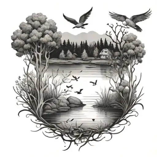Birds And Trees With Pond Surrounded