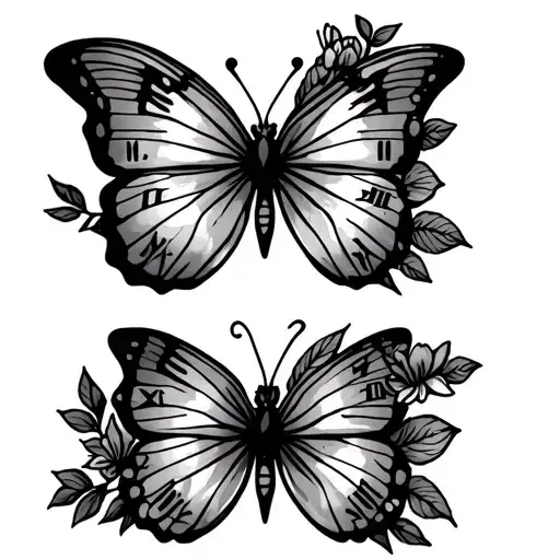 Flat Butterfly With Half Flowers And Roman Numeral Body