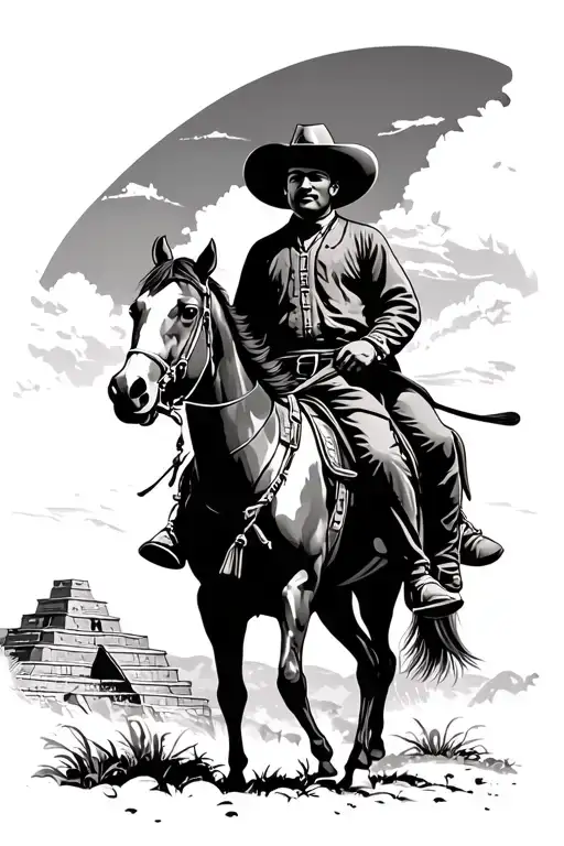 Pancho Villa Riding A Horse In Front Of Monte Alban