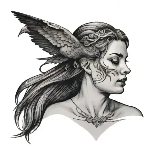 Roman Sad Woman With Swallow Bird Laying Over Her Hair