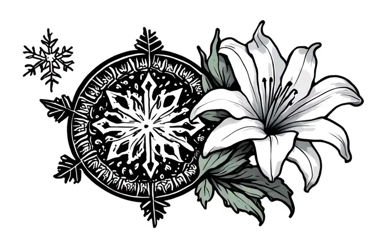 Rising Sun Snowflake And A Lily Flower