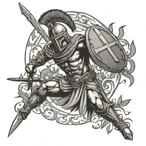 Spartan Warrior With Sword And Olive Branch Surrounded