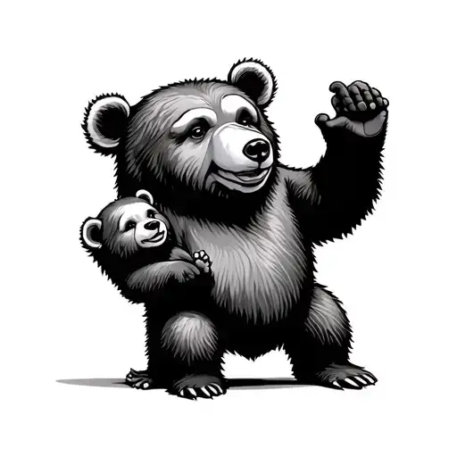 Dancing Bear Standing Proudly With 3 Baby Bears Sitting