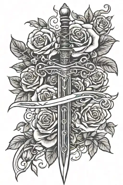 Sword With Vines And 6 Roses Around It