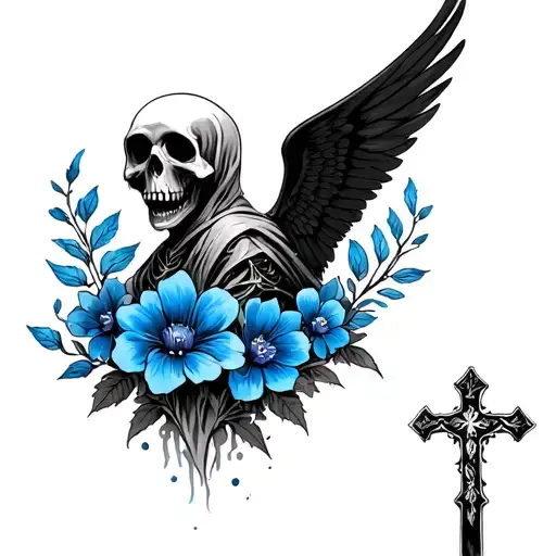Reaper With Wings Around Blue Flowers And A Cross
