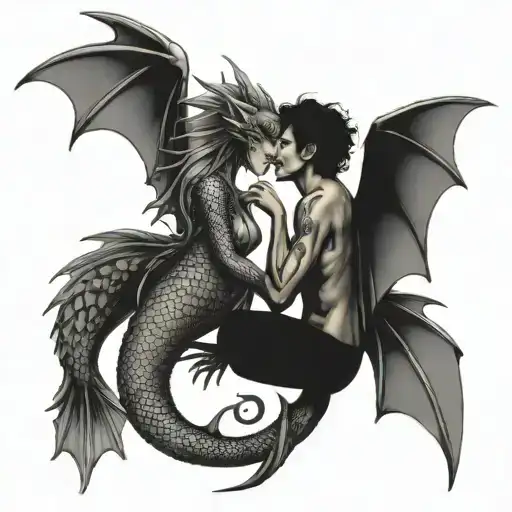 Dragon And Mermaid Kissing Each Other