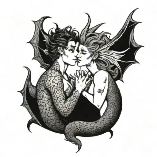 Dragon And Mermaid Kissing Each Other
