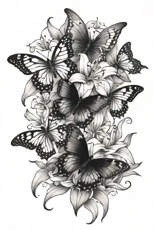 Three Butterflies Surrounded By Lilies