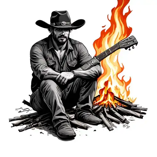Cowboy Sitting Alone At Fire Resting