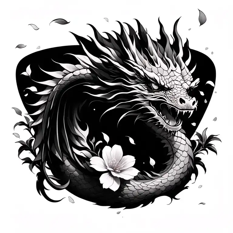 Flying Dragon With Cherry Blossom Petals Whole Back