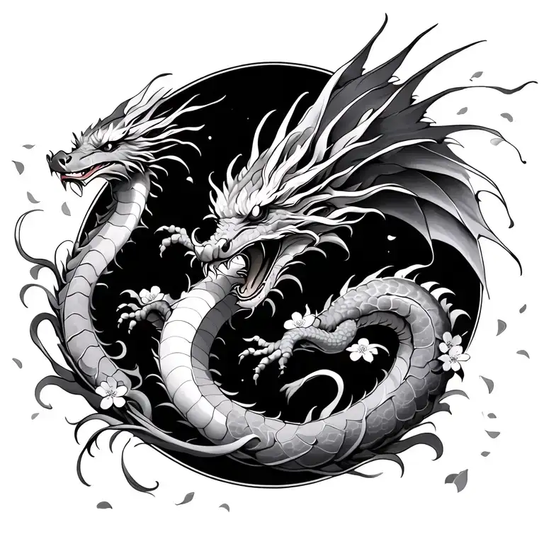 Flying Dragon With Cherry Blossom Petals Whole Back Tattoo Long