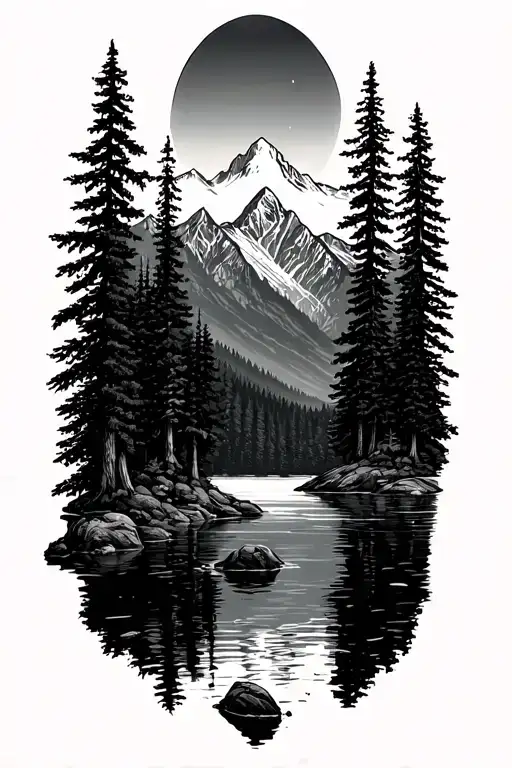 Forest With Mountains And A Lake Infront