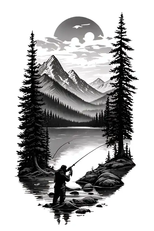 Forest With Mountains And A Lake Infront And Someone Fishing