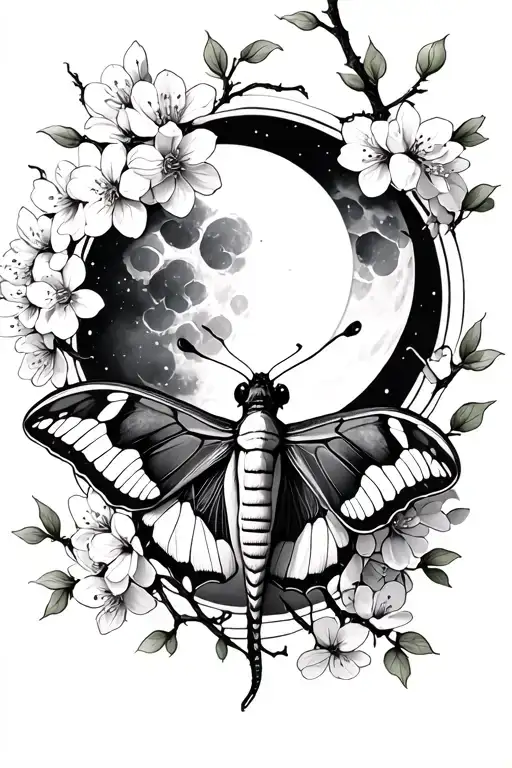 Luna Moth Surrounded By Cherry Blossoms And Lunar Cycle