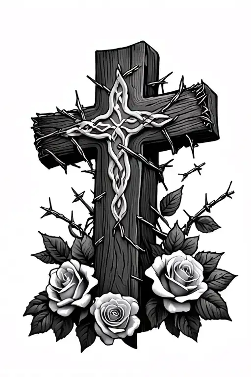 Wooden Cross With Barbed Wire And Roses