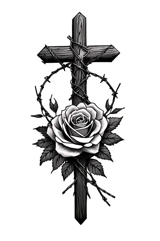 Wooden Cross Wrapped In Barbed Wire And Roses