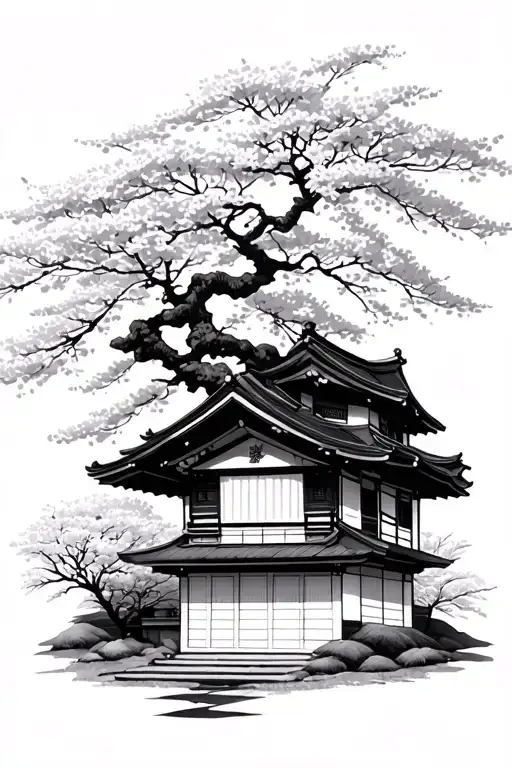 Japanese House With Chery Blossom Tree And Sakura In Background