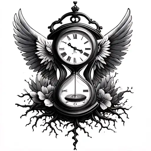 Clock In Hourglass With Roots And Wings