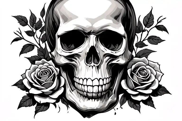Wrap Around Throat Tattoo Of Skull In The Middle And A Rose On Each Side