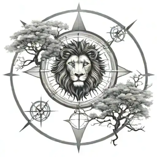 Lion Head Compass Trees Zodiac Sign