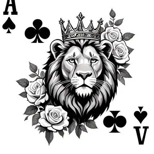 Create A Playing Card Ratio With A Lion Wearing A Crown And Some Roses And The Playing Card Symbols