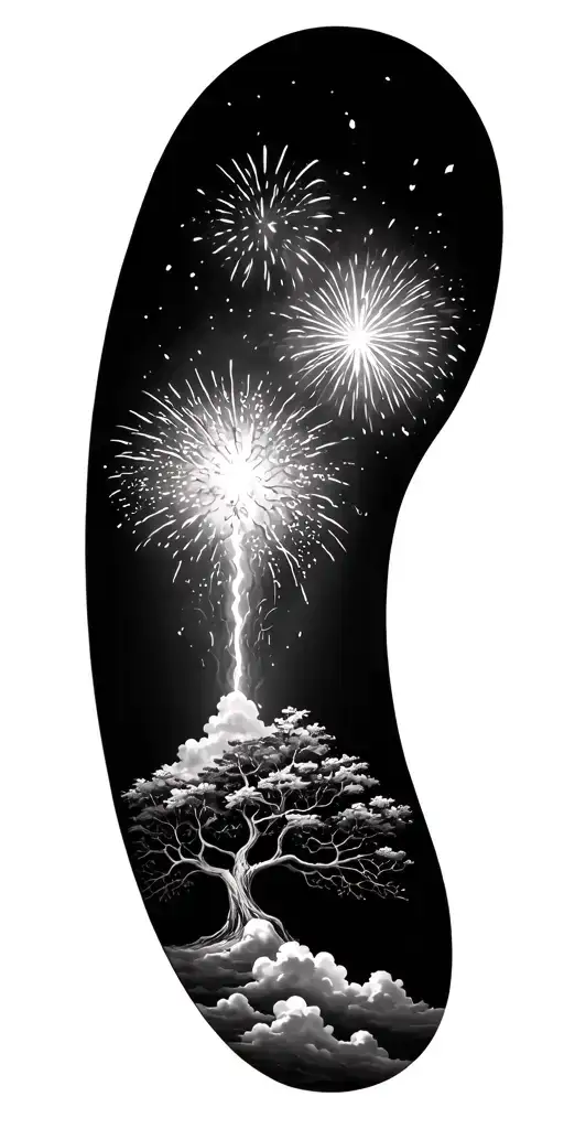 Tree Of Life With Fireworks Exploding In Background Leading Up To Clouds Going Into Heaven