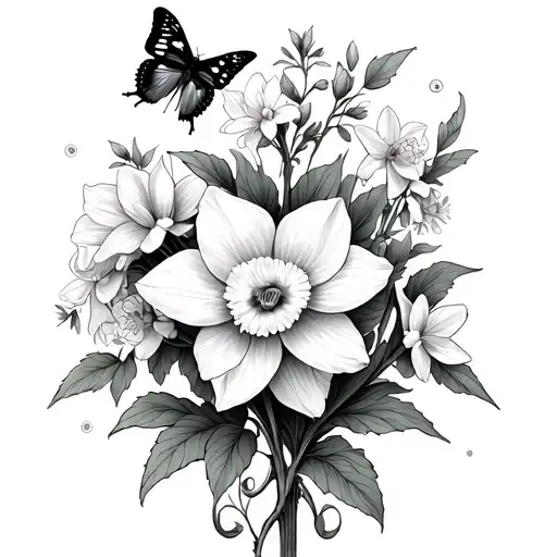Larkspurs And Daffodils With Butterfly And Vines