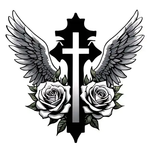 Roses And Cross With Angel Wings