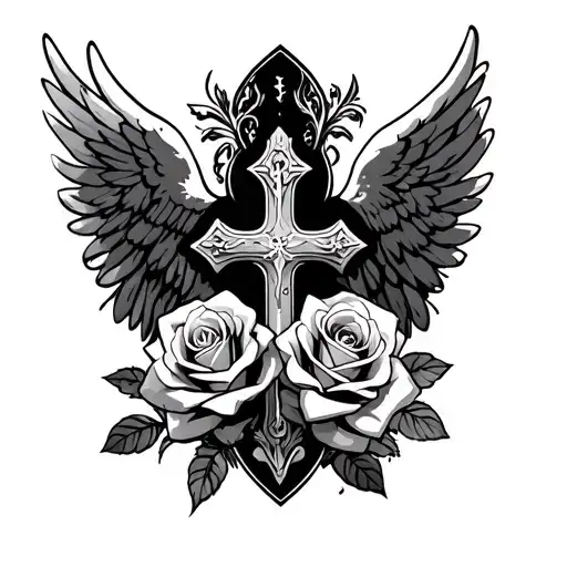 Roses And Cross With Angel Wings