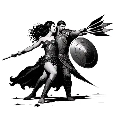 Male Warrior Shielding A Woman From Incoming Arrows With Shield