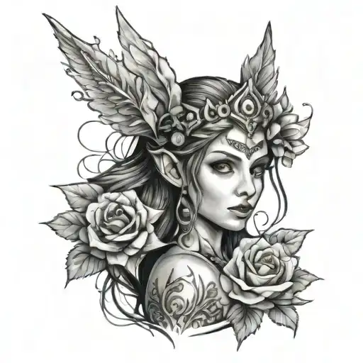 Girl Elf Princess Face Flowers Around Crown Warrior