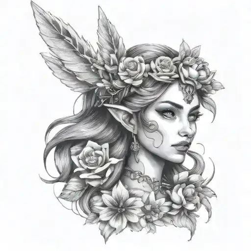 Girl Elf Princess Face Flowers Around Crown Front