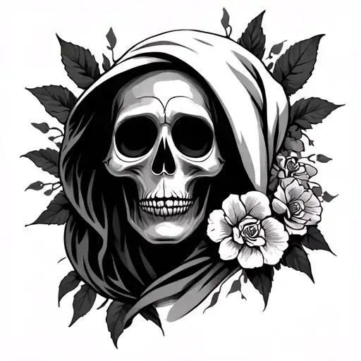 Black And White Tattoo Of Santa Muerte