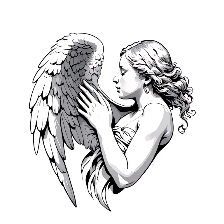 Angel Holding Hand Whispering Into Ear Neck Tatto
