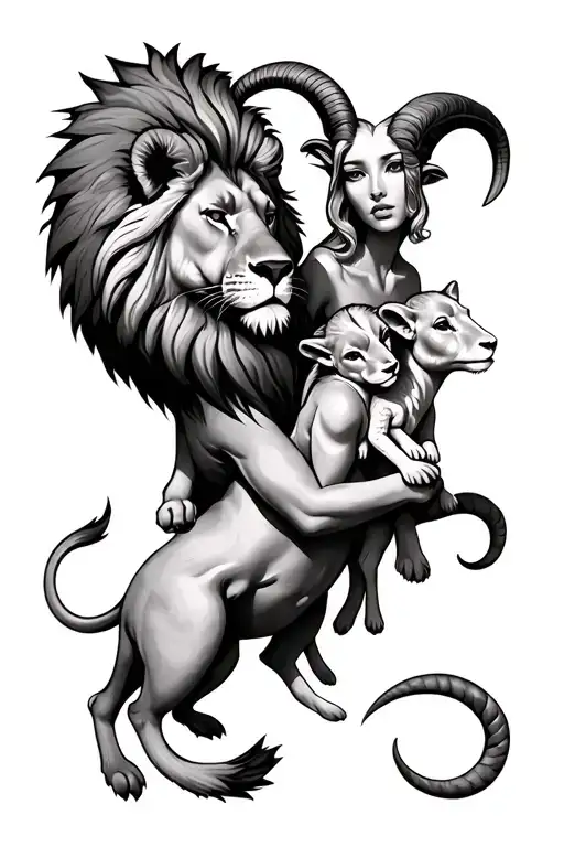 Lion With 1 Cub And A Ram Being Held By A Woman