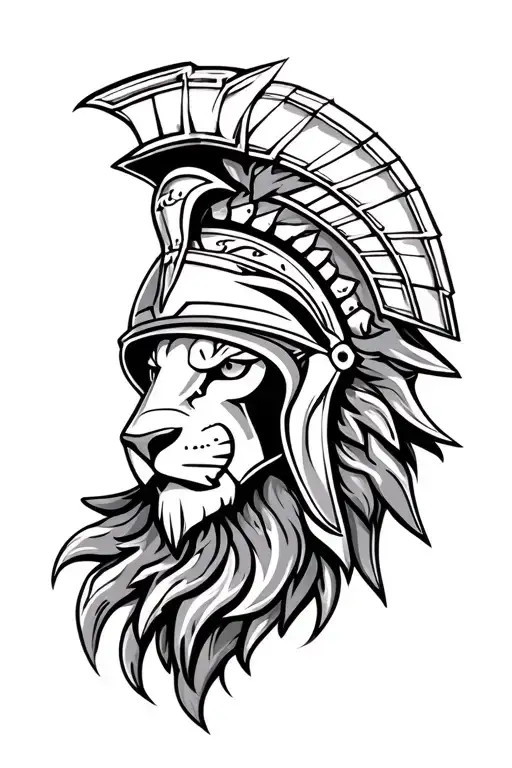 Lion Head With Spartan Helmet In Greek Design