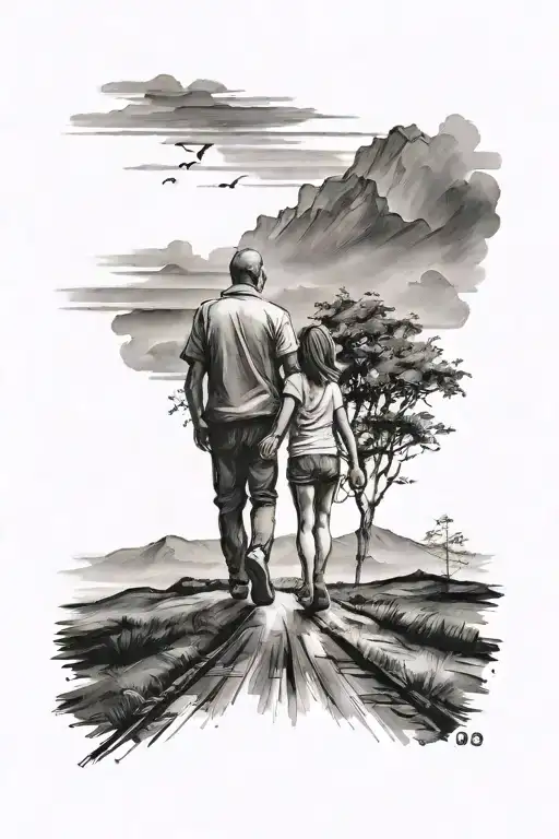 Father And Daughter Hand In Hand On A Track With Landscape