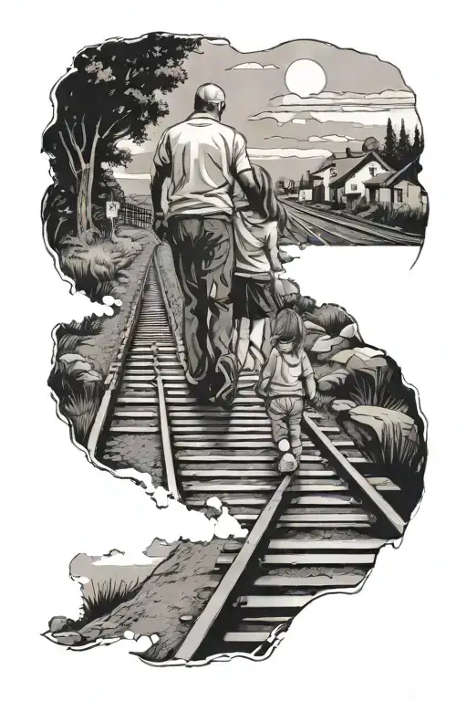 Father And Little Daughter Holding Hands On A Railway Track With Landscape