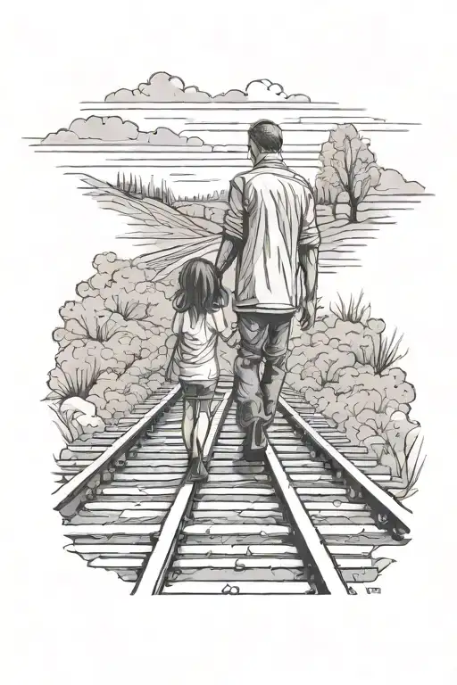 Father And Little Daughter Holding Hands On A Railway Track With Landscape